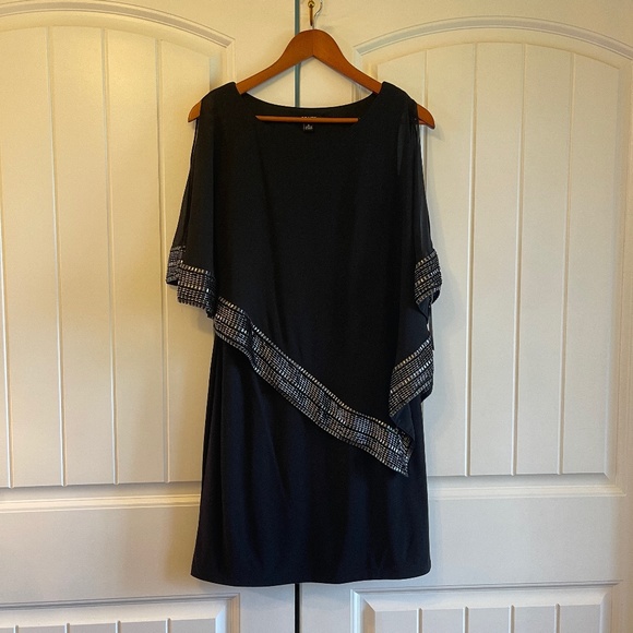 SLNY Capelet Black Sheath Dress Metallic Trim Womens Size 6 - Picture 3 of 11